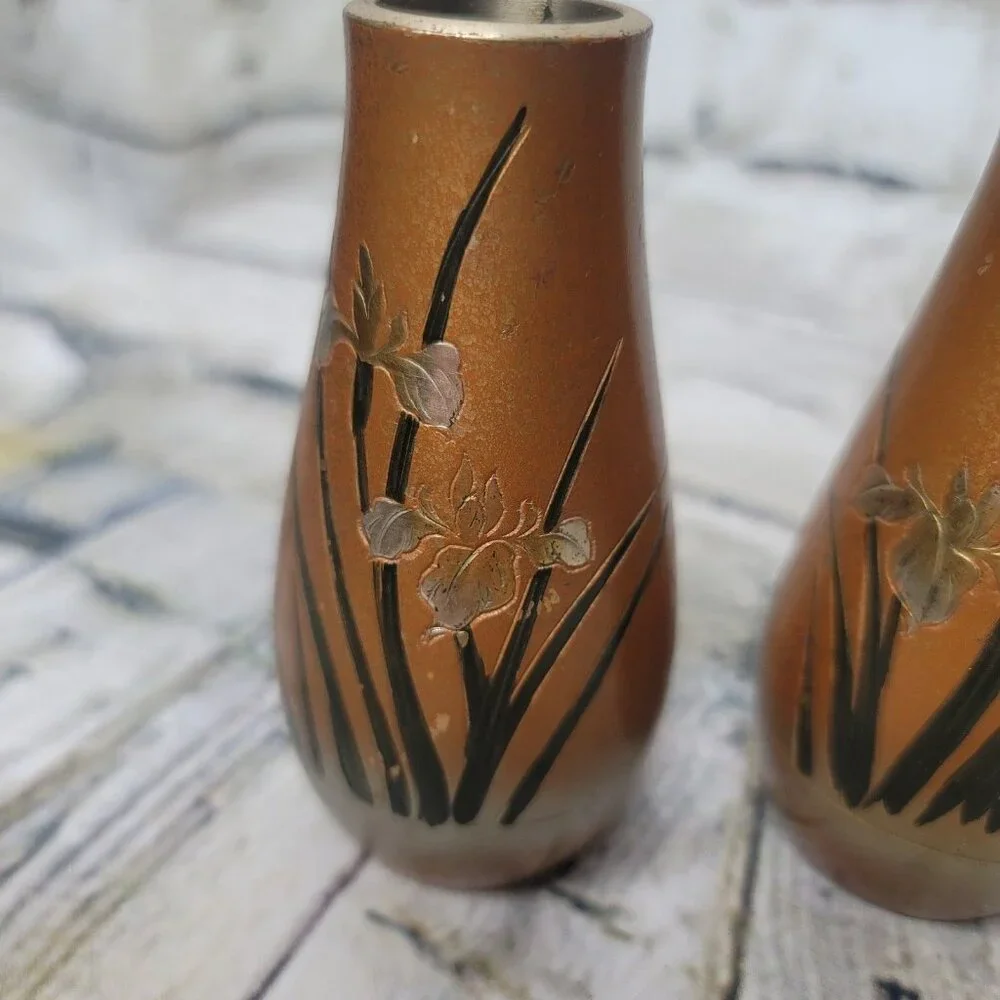 2 Japanese Enamel Vases with Inlay Flowers Appx 4-4.25 Inches Tall